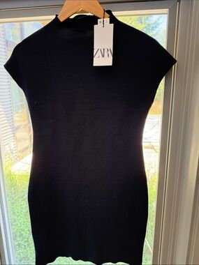 Zara Black Cap-Sleeve Mock Neck Knit Mini Dress